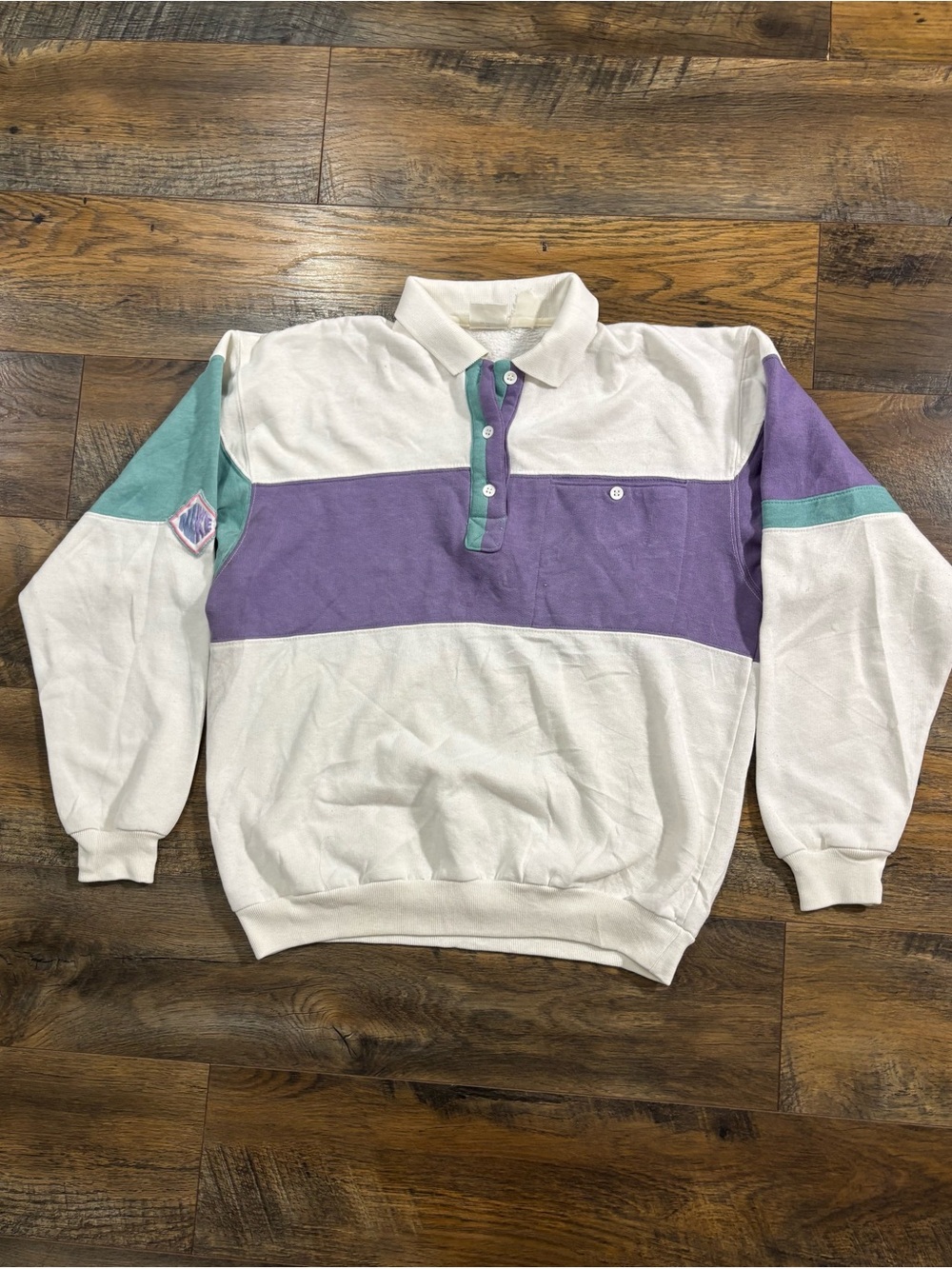 1990s Men's Nike White Polo shirt with Purple and Teal Colorblock